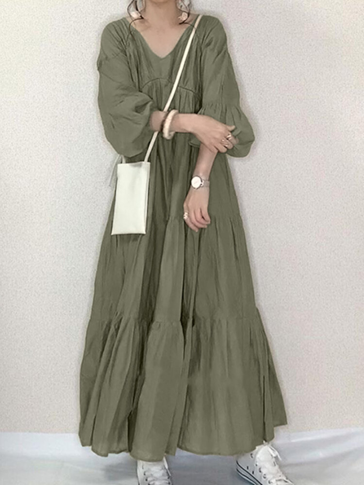 Einfarbige, gestufte, plissierte Lässige Puffärmel mit V-Ausschnitt Kleid