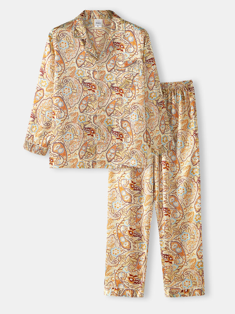 Yellow Floral Print Ice Silk Lapel Sleepwear Sets Surf Long-Sleeve Home Pajamas