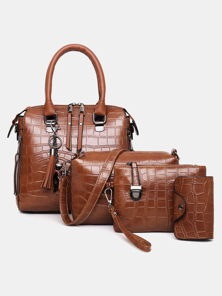 Women 4 PCS Alligator Pattern Print Tassel Crossbody Bag Handbag