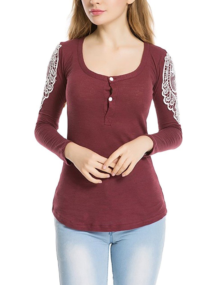 Women Long Sleeve O Neck Lace Crochet Button Casual T-shirt