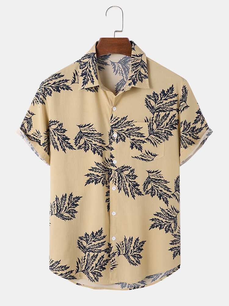 Mens Plants Leaf Print Button Up Short Sleeve Shirts