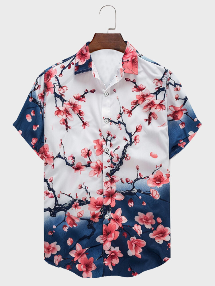 Mens Japanese Cherry Blossoms Ombre Print Lapel Short Sleeve Shirts