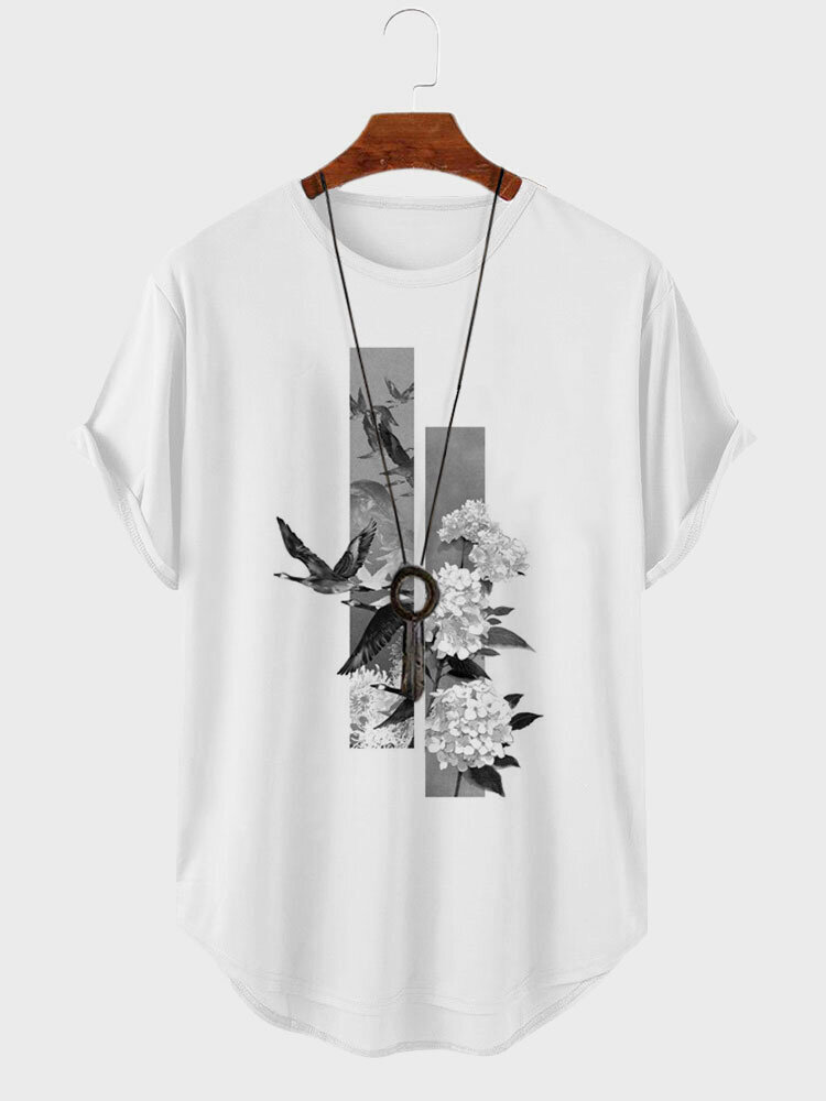 Herren-T-Shirts mit chinesischem Blumen- und Vogel-Print und abgerundetem Saum, kurzärmelig