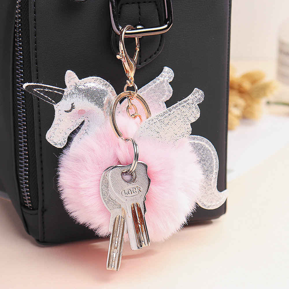 

Women Faux Fur Unicorn Bag Charm Cute Key Chain, Khaki;rose;beige;gray;pink