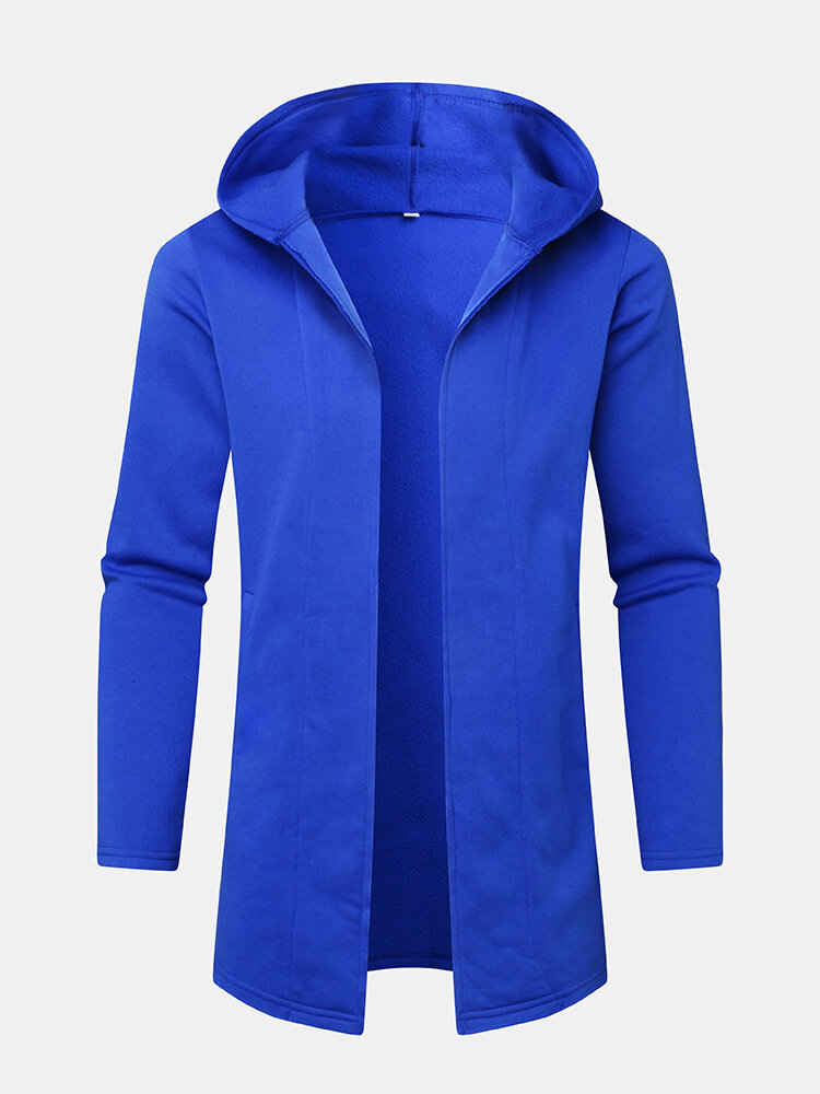 Mens Solid Color Long Sleeve Hooded Cardigans With Pocket