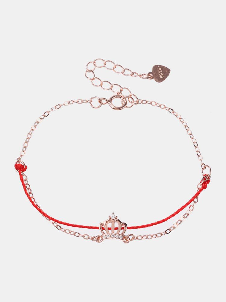 Luxury 925 Sterling Silver Red Rope Lucky Charm Bracelets Zirconia Crown Rose Gold Chain Bracelets