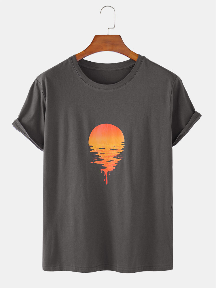 Mens 100% Cotton Sunrise Print Crew Neck Short Sleeve T-Shirts