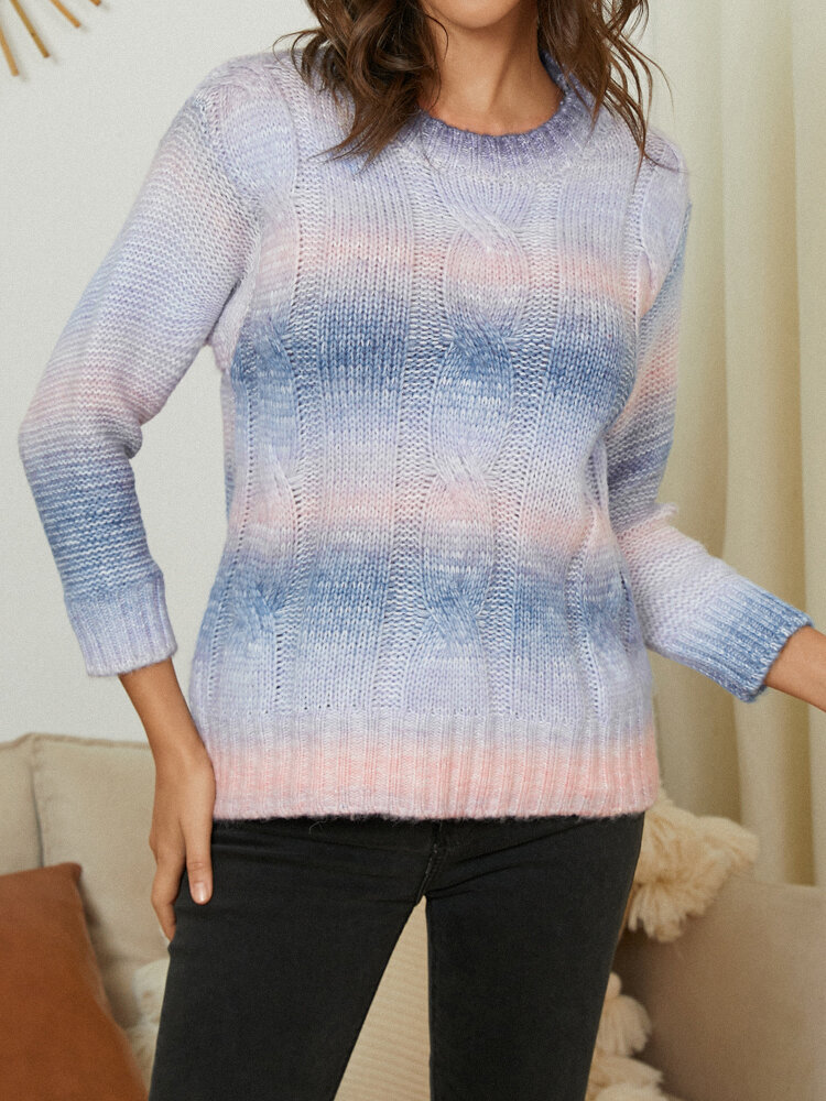 Multicolor Cable Long Sleeve Pullover Sweater For Women