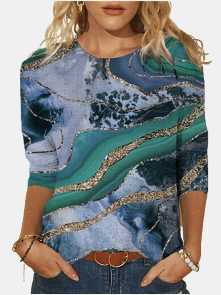 Fashion Print O-neck Long Sleeve Plus Size Casual Cotton T-shirt for Women