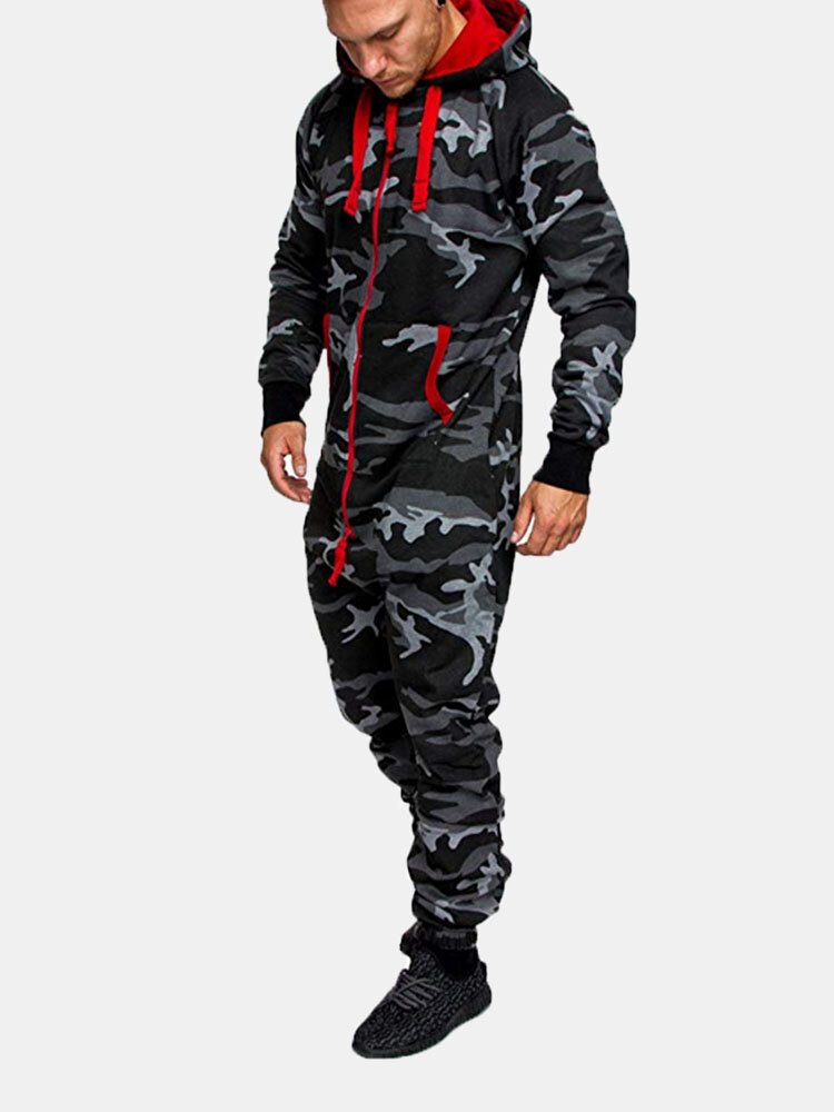 Men Camo Hipster Track Onesies Loungewear Thicken Zipper Hooded Jumpsuit With Mulit Pockets