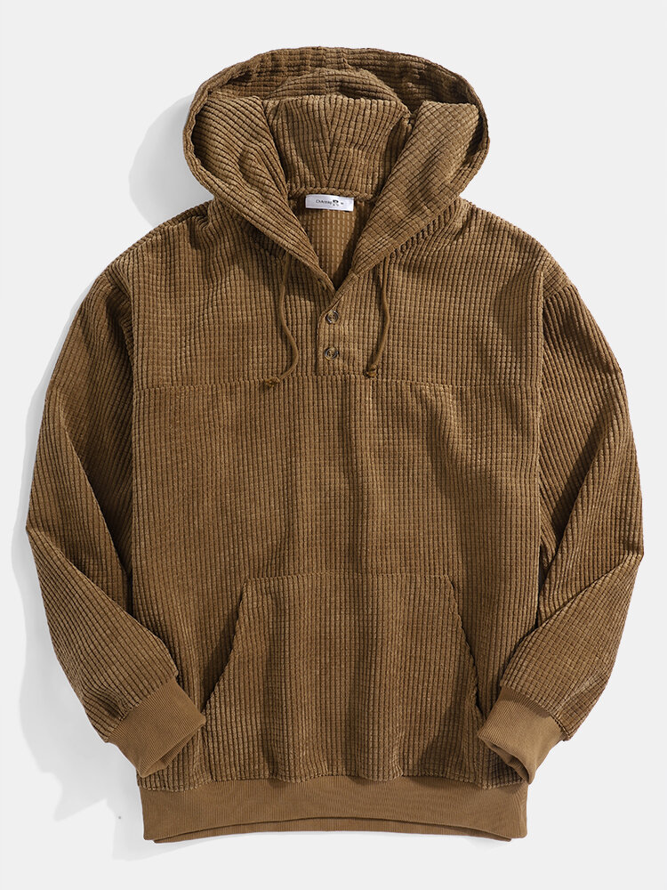 Mens Solid Color Woven Button Loose Hoodie With Kangaroo Pocket
