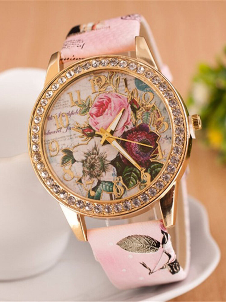 Full Rhinestone Flower Leather Watch Lady Casual Floral Quartz Wristwatch Gift for Her