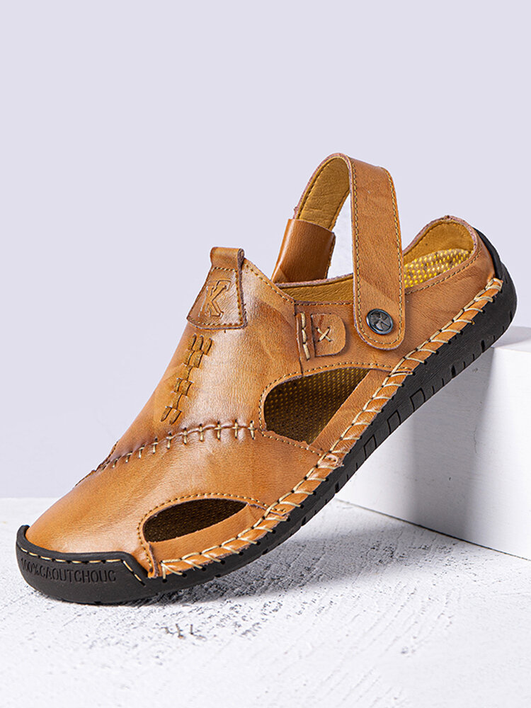 

Men Hand Stitching Comfy Two-ways Wearing Casual Leather Sandals, Black;brown;khaki