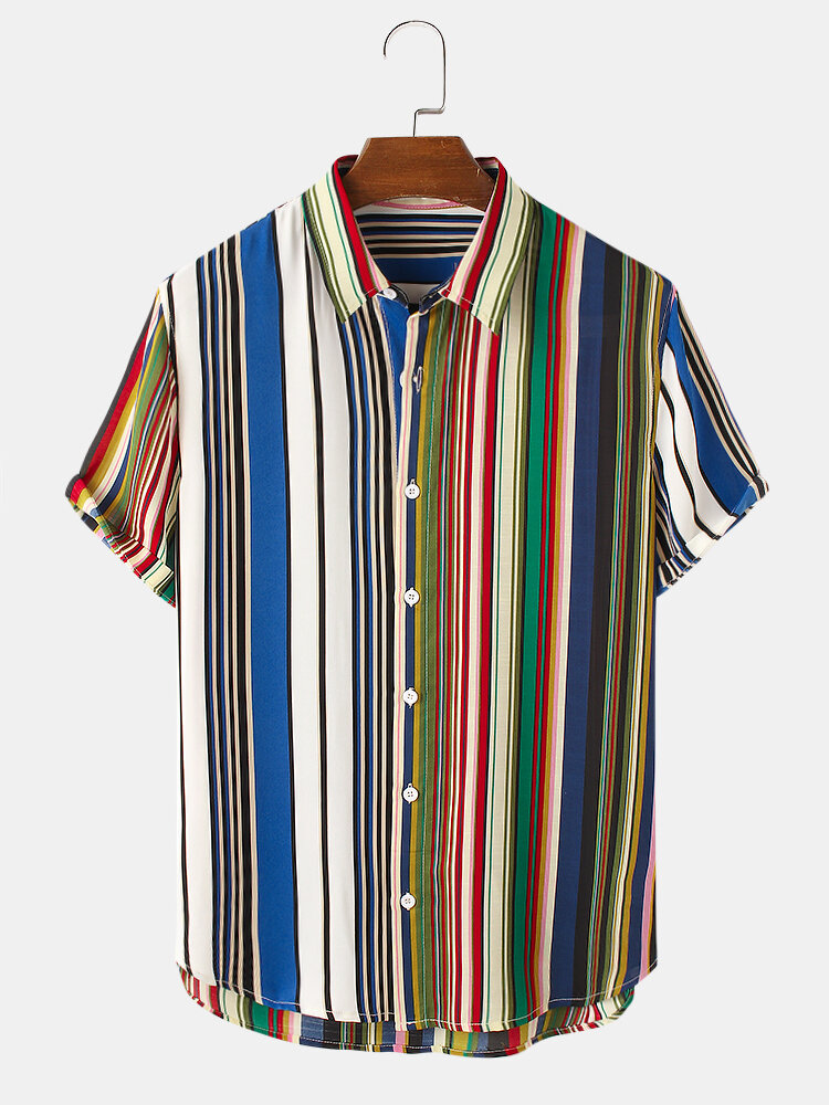 Mens Multi Color Strips Button Up Preppy Short Sleeve Shirts