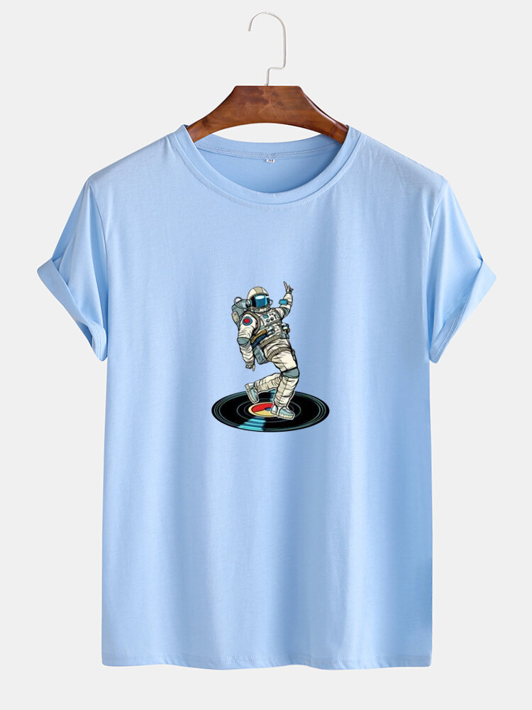 Mens Astronaut Graphic Printed Cotton O-Neck Casual Short Sleeve T-Shirts