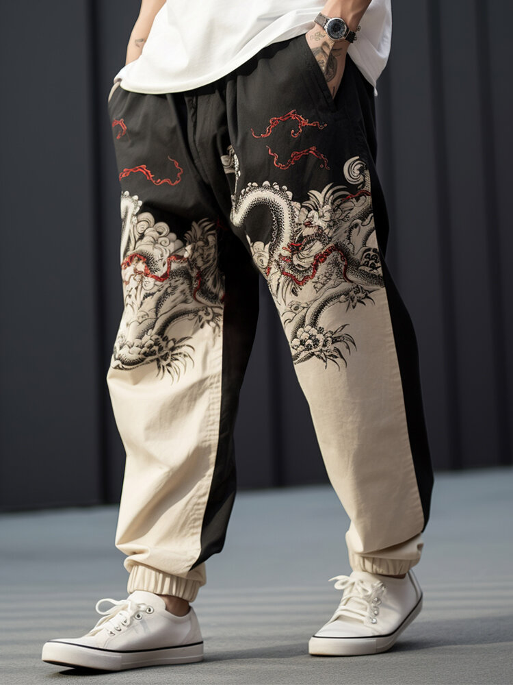 

Mens Chinese Dragon Print Patchwork Loose Pants With Pocket, Apricot;gray