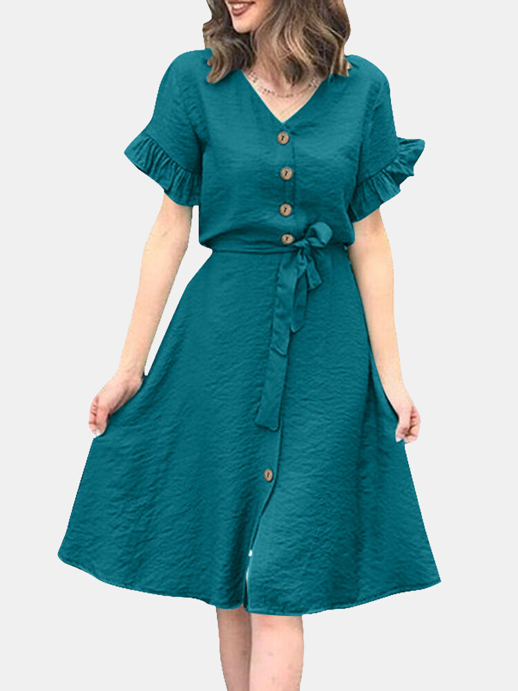 Solid Button Ruffle Sleeve V-neck Dress With Belt