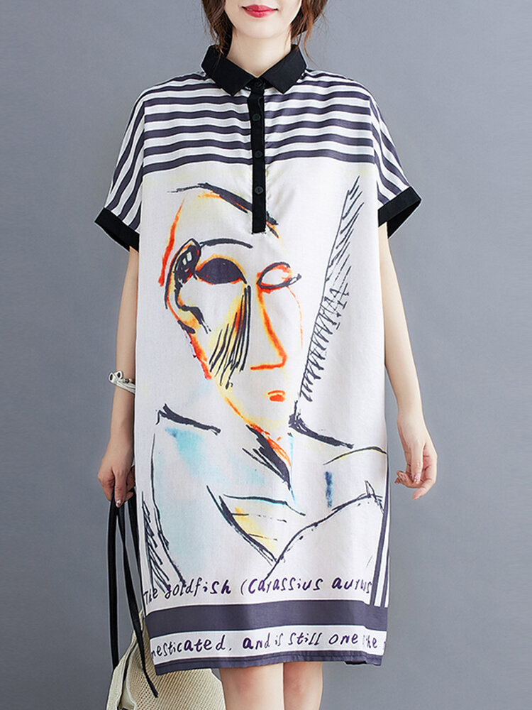 Abstract Pattern Stripe Button Loose Short Sleeve Casual Dress