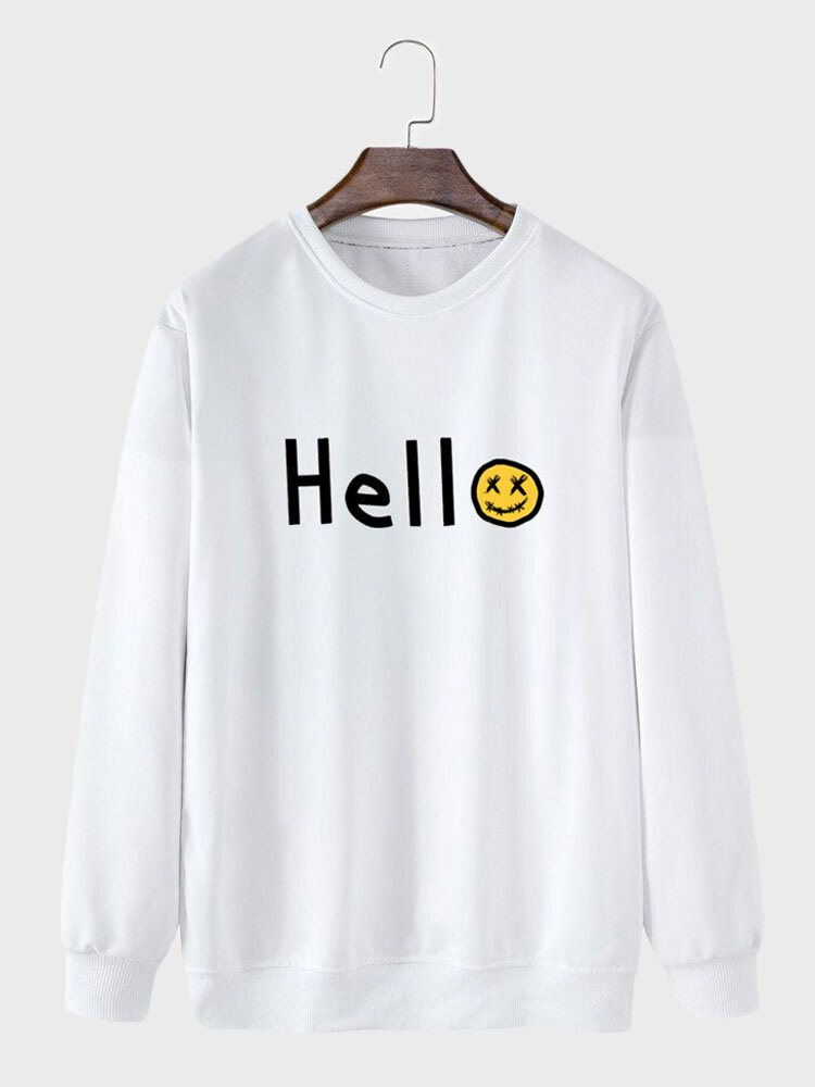 Mens Smile Face Letter Print Crew Neck Casual Pullover Sweatshirts Winter