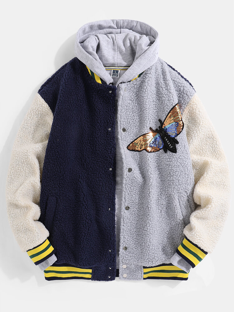 

Mens Patchwork Butterfly Patched Baseball Collar Warm Teddy Jackets, Navy