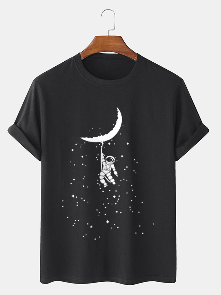 Mens Astronaut Moon Print 100% Cotton Crew Neck Short Sleeve T-Shirts