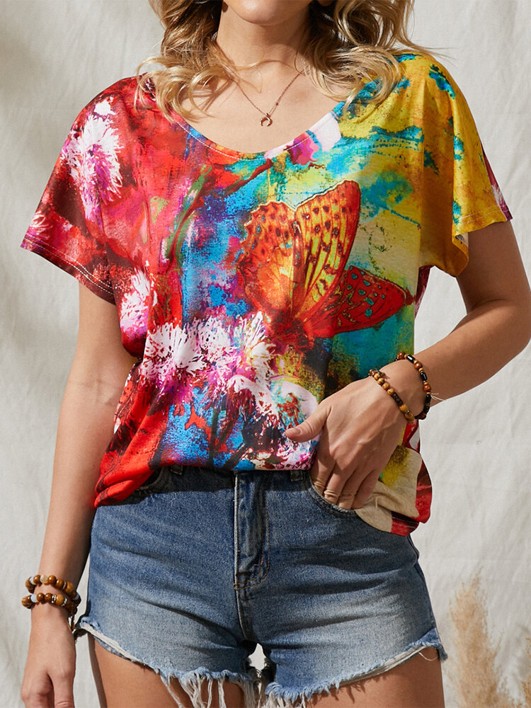 Women Contrast Color Butterfly Flower Print V-neck Short Sleeve T-Shirt
