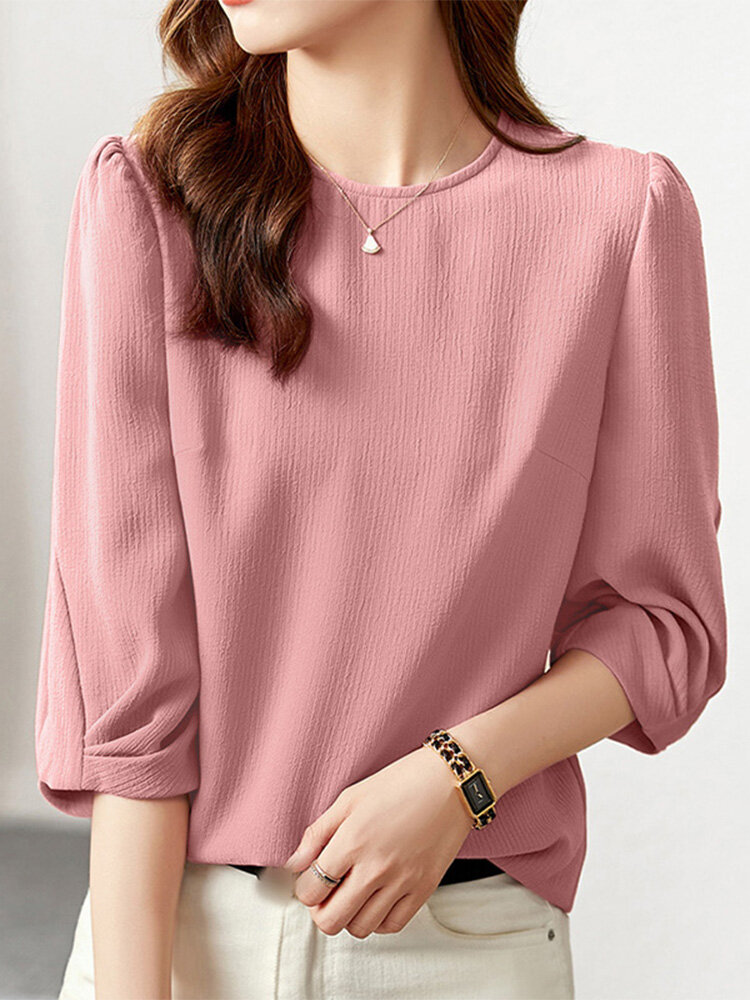 Women Solid Texture Crew Neck Casual 3/4 Sleeve Blouse