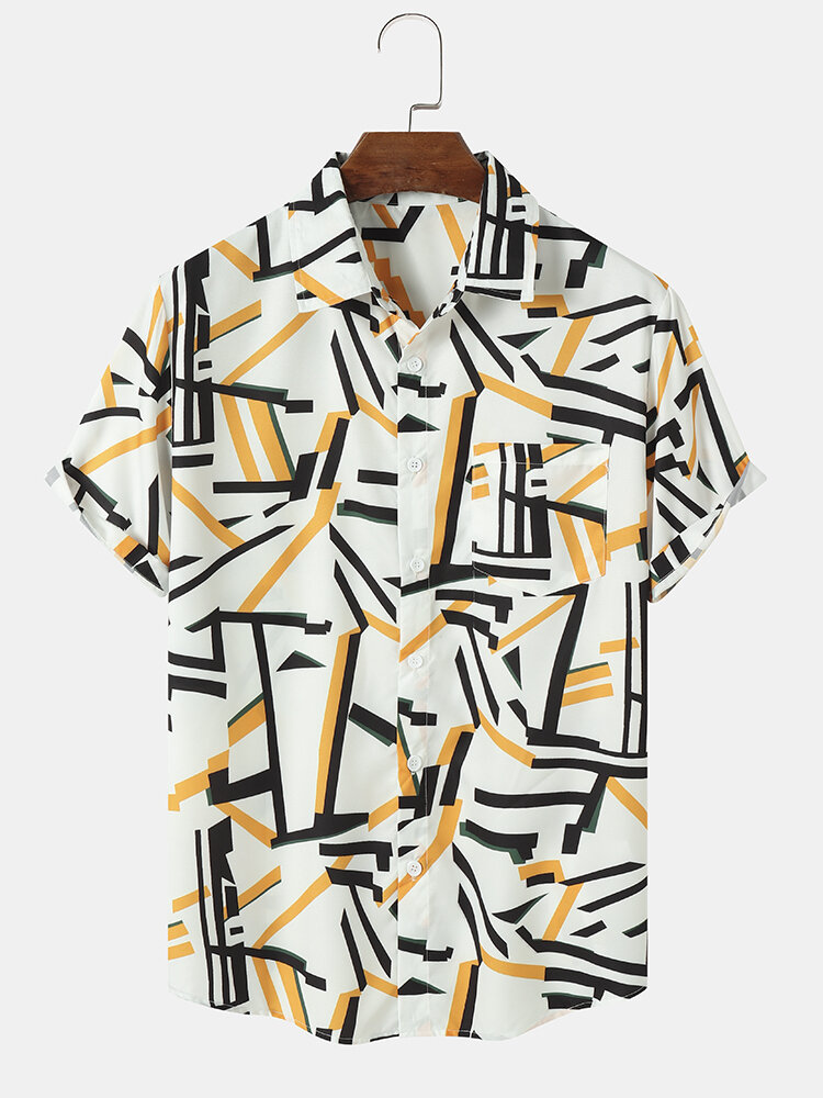 Mens All Over Random Line Print Button Front Short Sleeve Shirts