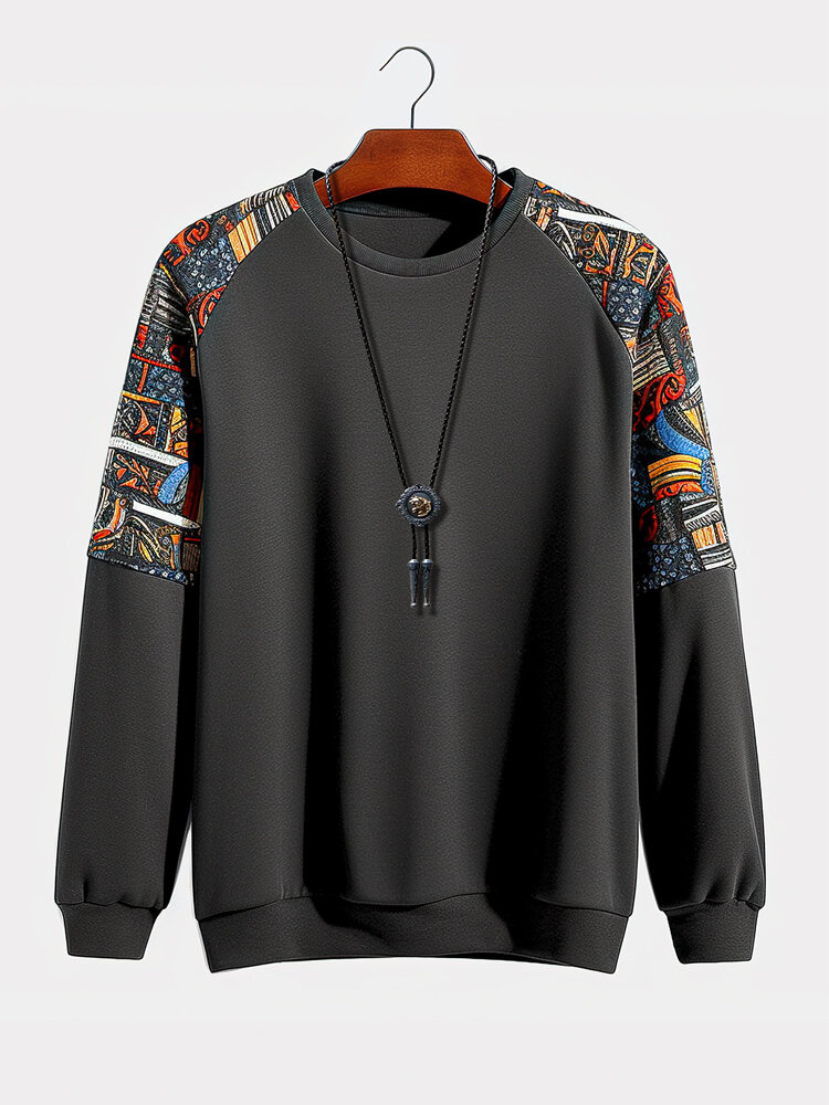 

Mens Ethnic Pattern Patchwork Raglan Sleeve Pullover Sweatshirts, Dark gray