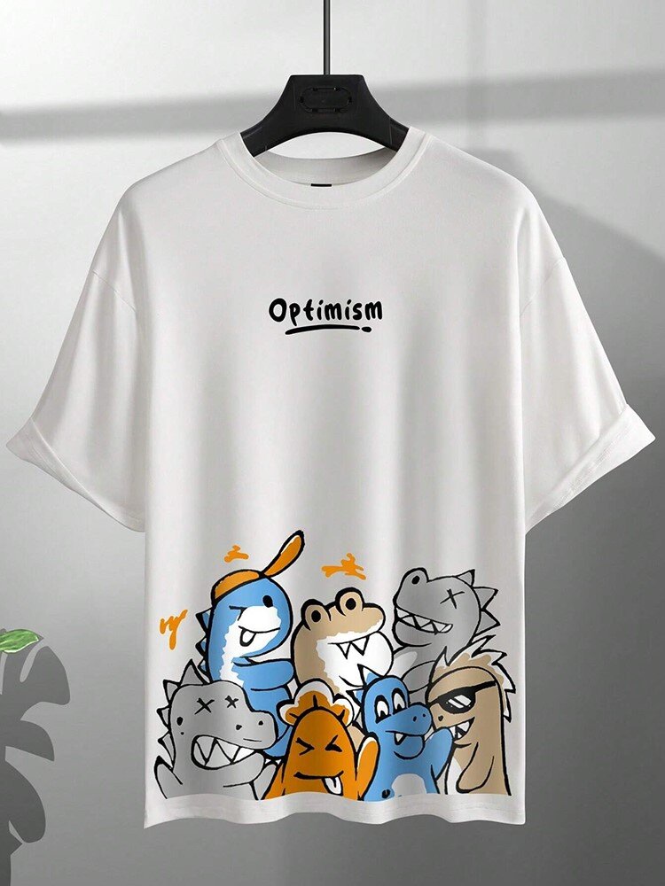 Mens Cartoon Dinosaur Letter Print Crew Neck Short Sleeve T-Shirts Winter