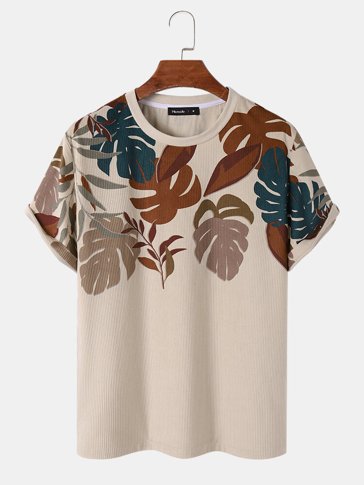 

Mens Tropical Leaf Print Corduroy Loose Short Sleeve T-Shirts, Apricot