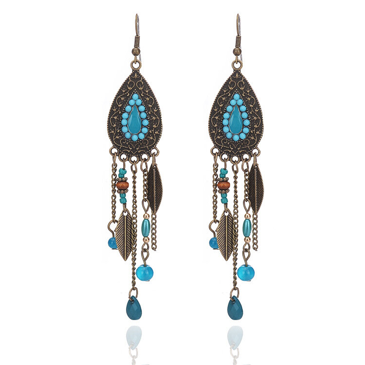 

Bohemian Geometric Water Drop Tassels Ear Drop Leaves Dangle Earrings Ethnic Jewelry for Women, Red;blue