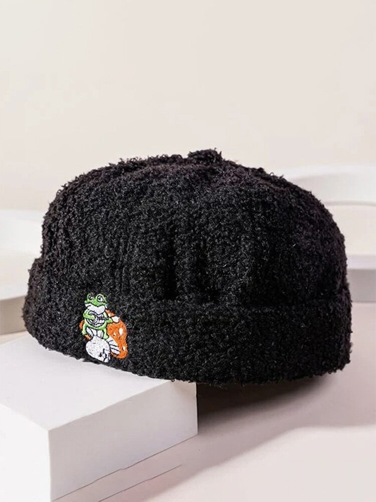 Unisex Plush Cartoon Frog Mushroom Pattern Embroidery Warmth Brimless Beanie Landlord Cap Skull Cap