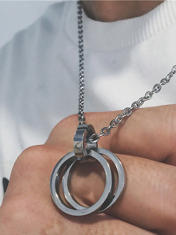 Trendy Simple Double Ring Pendant Titanium Steel Necklace