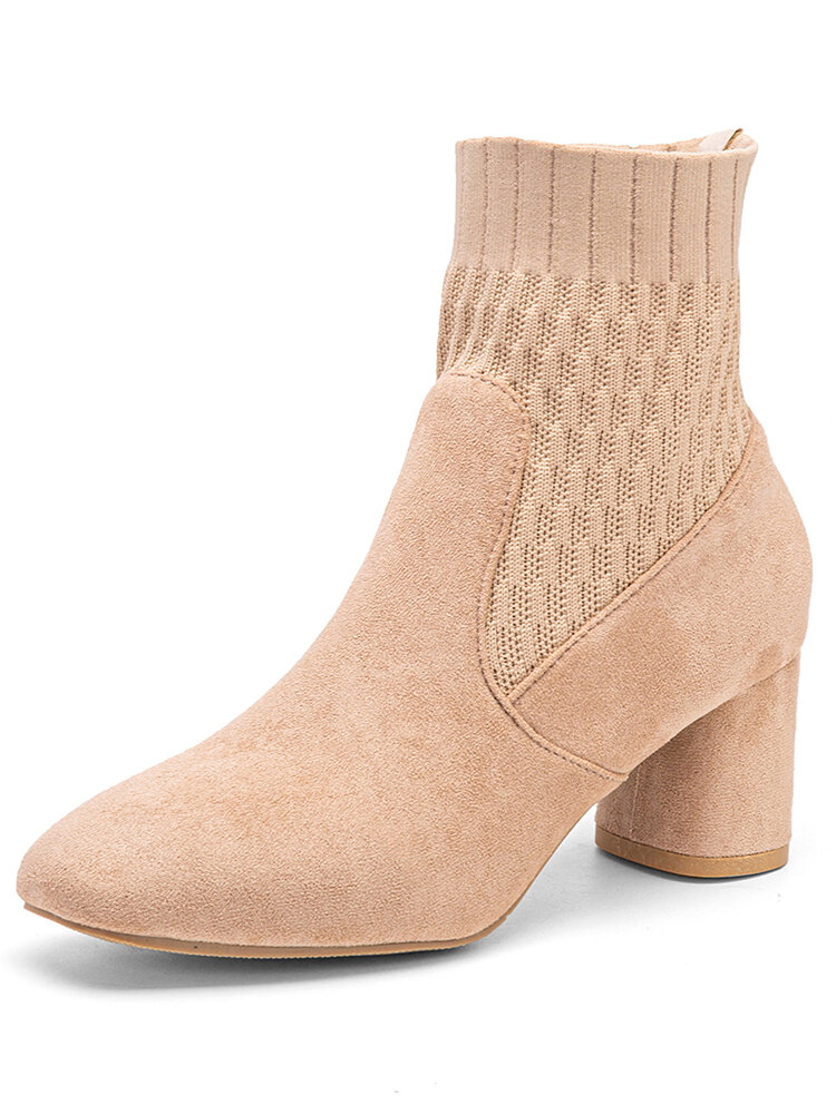 Women Casual Square Toe Suede Stitching Knitted Fabric Comfy Chunky Heel Sock Boots