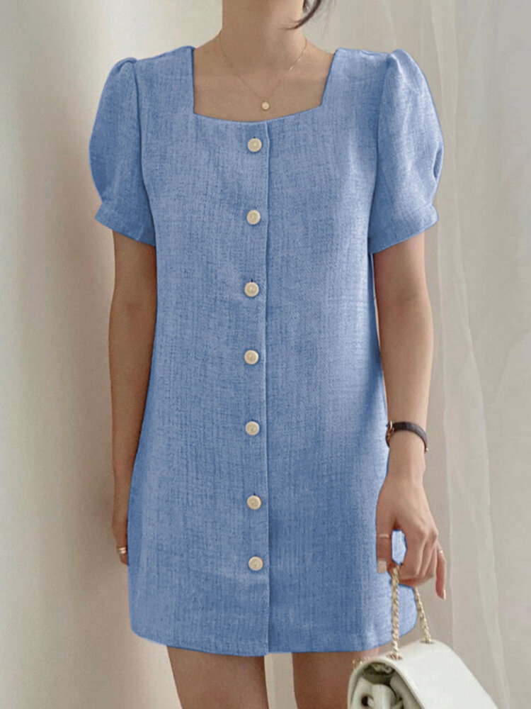 Solid Square Collar Puff Sleeve Button Front Casual Dress