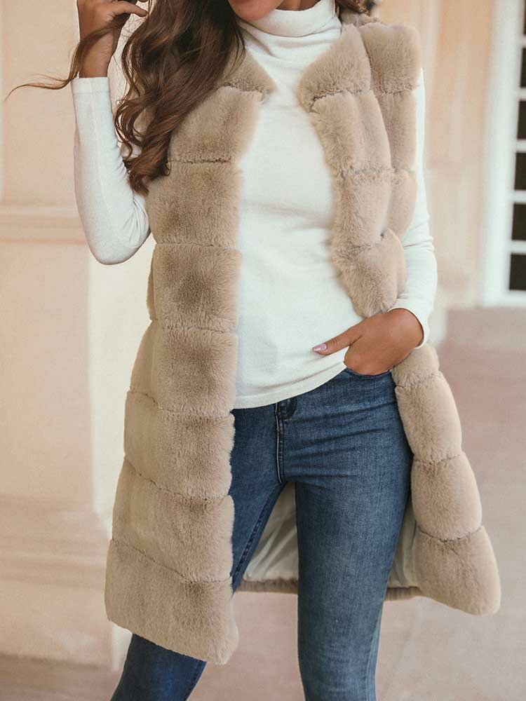 Faux Fur Solid Color Sleeveless Vest Jacket For Women