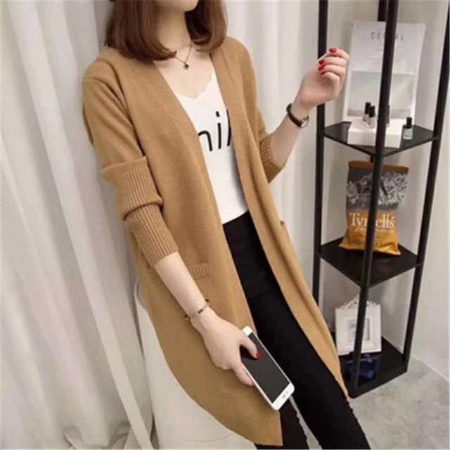  Women's Long Loose Color Knit Cardigan Outside The New Pocket Long-sleeved Blouse