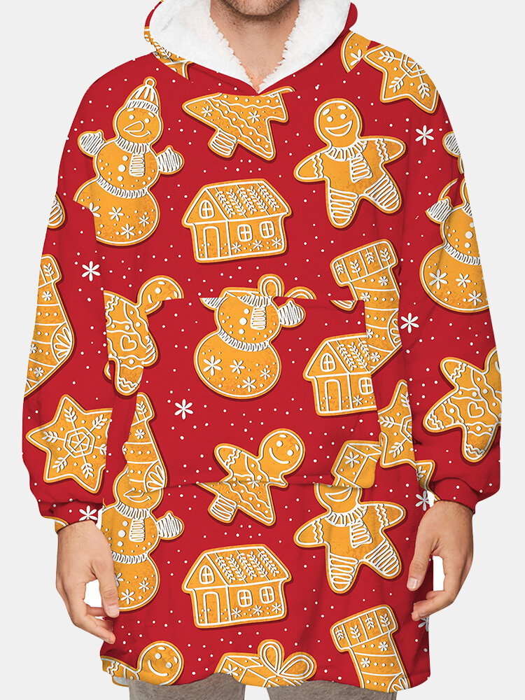 Christmas Gingerbread Print Oversized Blanket Hoodies Thicken Warm Loungewear Men