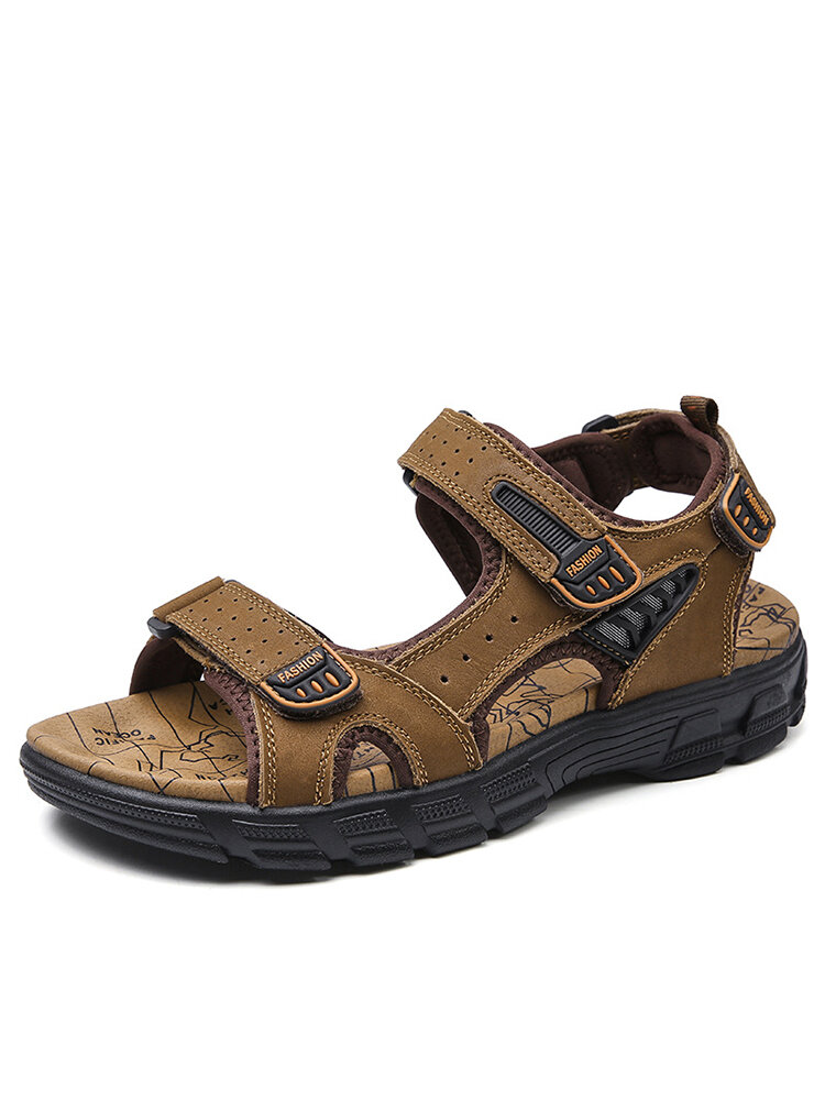 Men Outdoor Slip Resistant Hook Loop Cowhide Leather Sandals