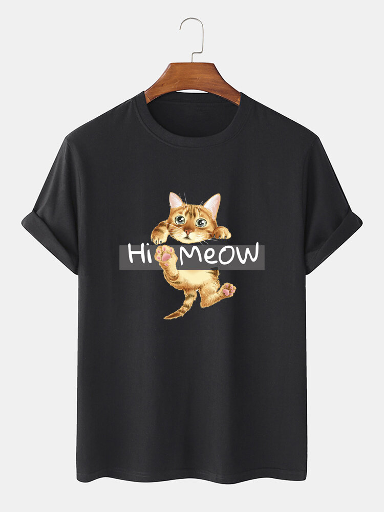 Mens Hi Meow Cartoon Cat Print 100% Cotton O-Neck Short Sleeve T-Shirt