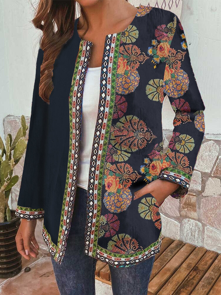 Ethnic Style Floral Print Patchwork Plus Size Jackets with Pockets