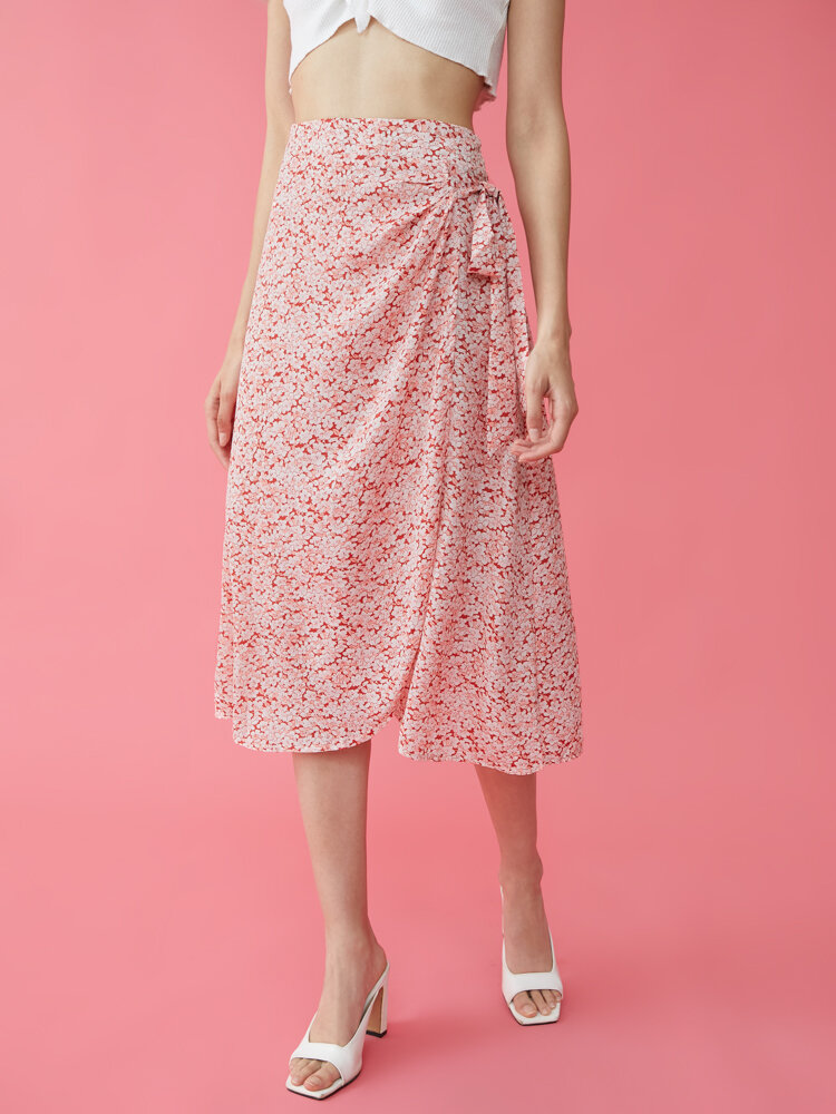 Pink Floral Print Knotted Wrap Zipper Skirt
