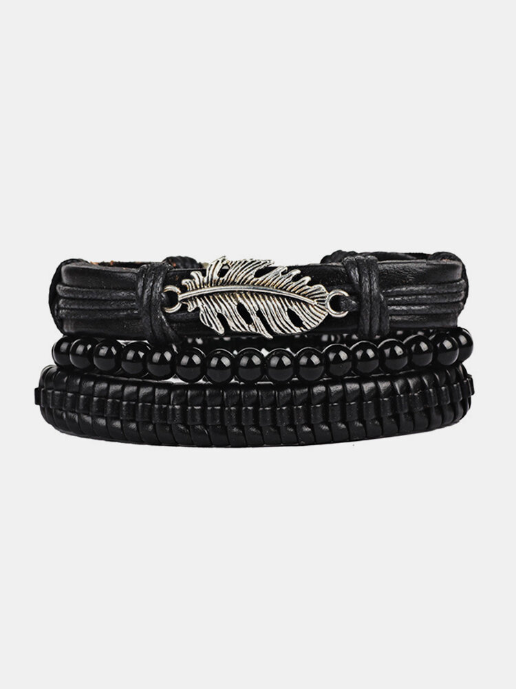 3 Pcs/Set Punk Black Multilayered Woven Leather Bracelet Leaf Charm Beaded Bracelets for Men