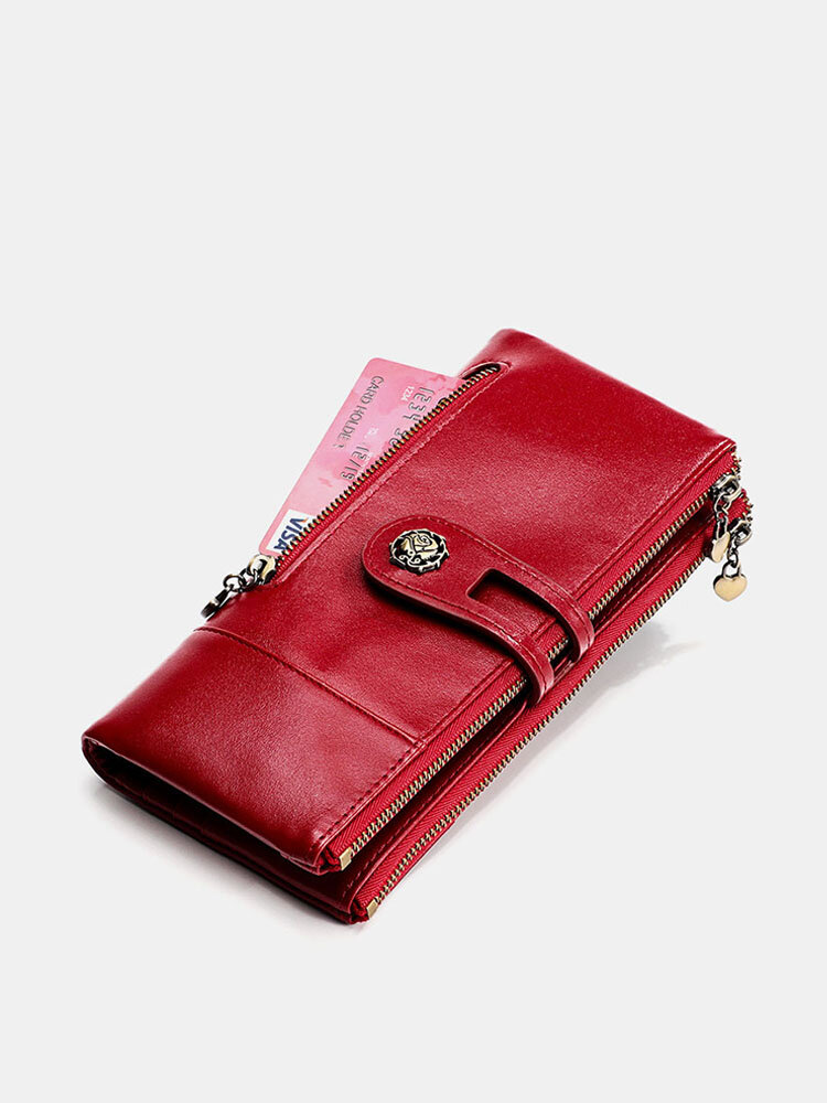 Women Genuine Leather Rfid Antimagnetic Multi-slots 14 Card Slots Zipper Bifold Long Wallet