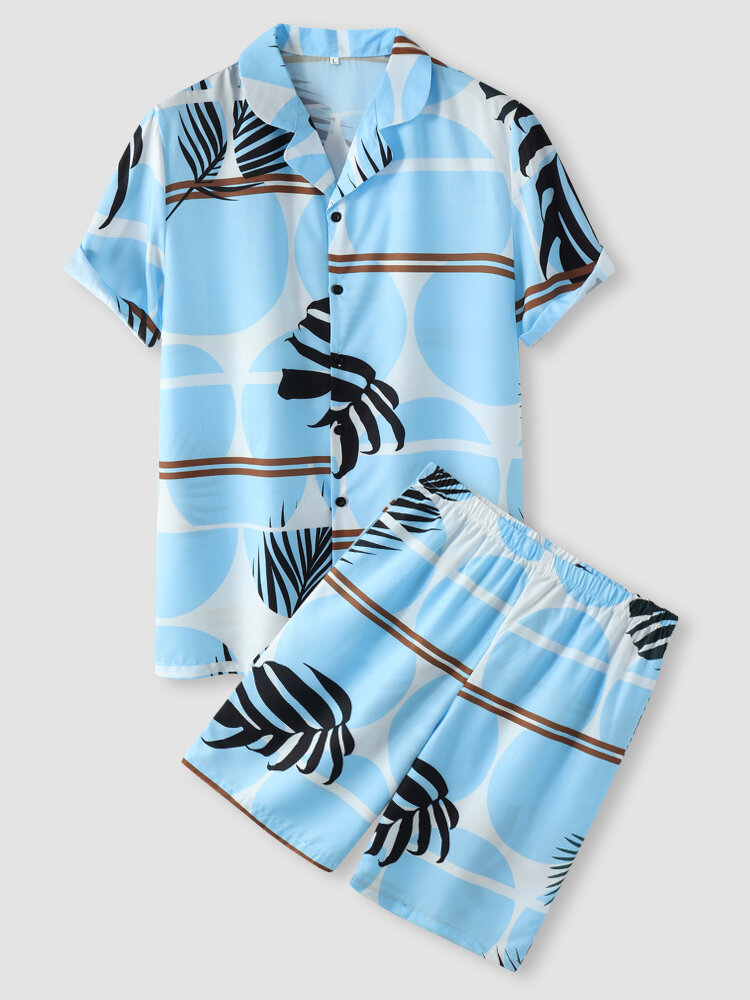 Mens Tropical Leaf Circle Print Revere Collar Holiday Two Pieces Outfits