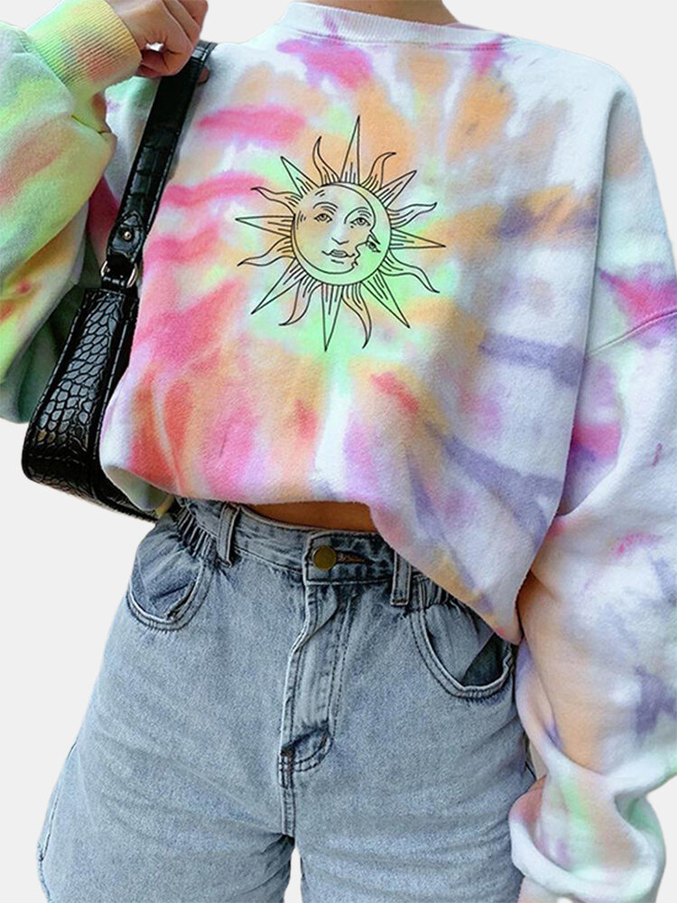 Trendy Tie Dye Cartoon Sun Printed O-neck Long Sleeve Sweater - NewChic