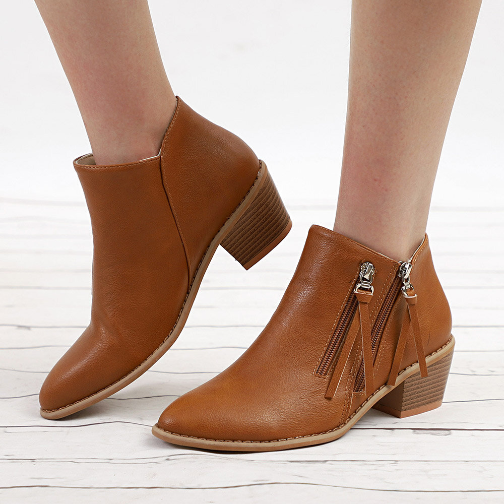 Big Size Women Autumn Winter Pointed Toe Chunky Heel Zipper Ankle Boots