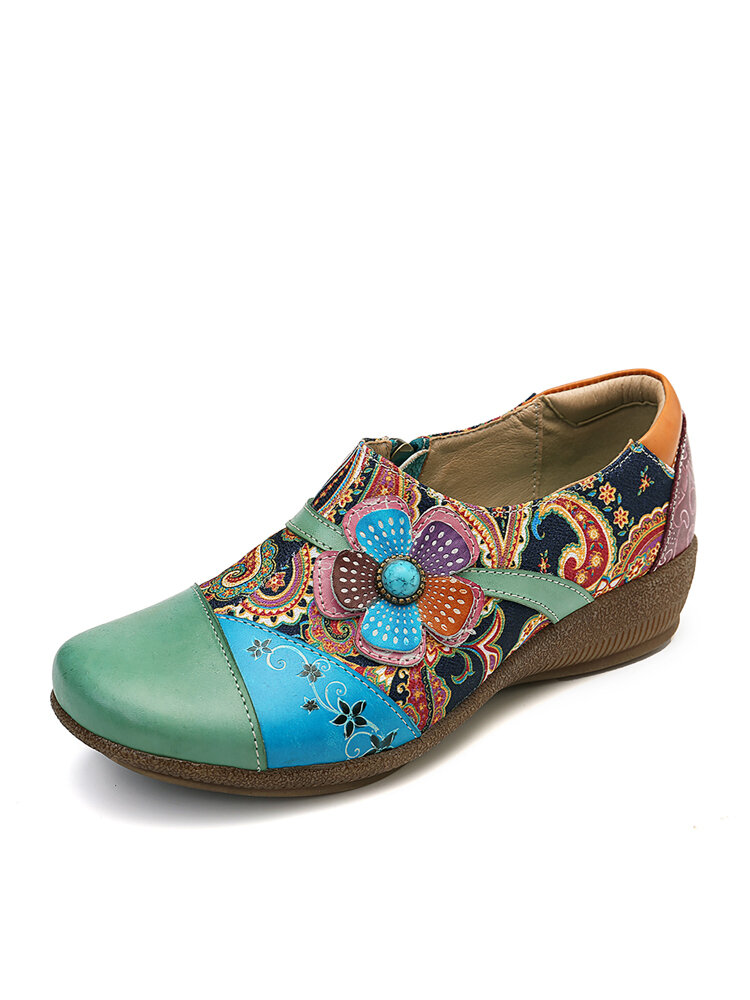 

SOCOFY Folkways Floral Pattern Genuine Leather Splicing Jacquard Comfortable Zipper Flat Shoes, Green