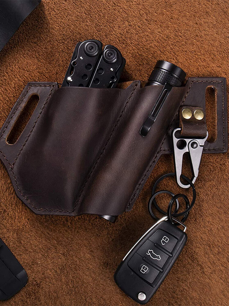 EDC Outdoor Genuine Leather Multifunction Flashlight Belt Sheath With Keychain Belt Bag